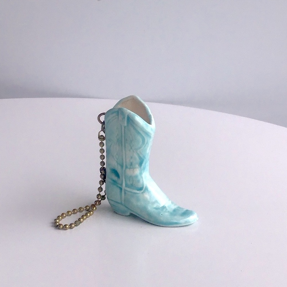 Vintage Ceramic Cowboy western boot teal Keychain artisan bag charm